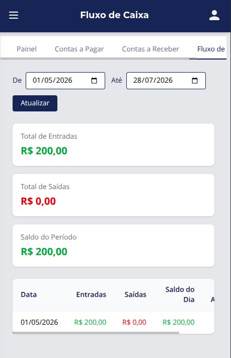 Tela de Fluxo de Caixa do Auto System aberta no navegador do celular, com total de entradas, saídas e saldo do período